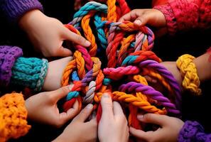 Generative AI, peoples hands working together to untangle a knotted rope. Business teamwork. photo