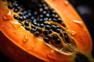 , Macro Fresh half of papaya fruit background. Tropical exotic closeup photo with drops