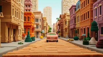 Generative AI, cute street made of crochet, houses, trees, road, cars. Soft colors, dreamy scene cityscape made of crochet materials, wool, fabric, yarn, sewing for background photo