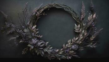 Generative AI, Close up of blooming flowerbeds of amazing lavender purple flowers wreath on dark moody floral textured background, copy space. photo