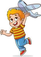 vector illustrations of cute child playing with toy airplane