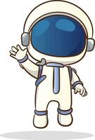 Vector illustration of a cute astronaut in outer space and planets and stars in the background.