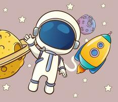 Vector illustration of a cute astronaut in outer space and planets and stars in the background.