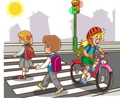 student children crossing pedestrian crossing going to school vector