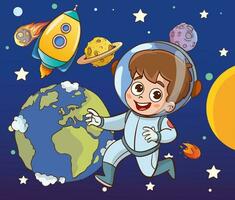 conquista de espacio. espacio elementos. planeta tierra, Dom y galaxia, astronave y estrella, Luna y pequeño niños astronauta, vector ilustración.