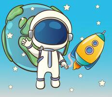 Vector illustration of a cute astronaut in outer space and planets and stars in the background.