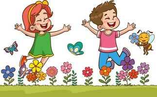 little kids playing with his friend in nature and feeling happy.joyful little children jumping and dancing vector