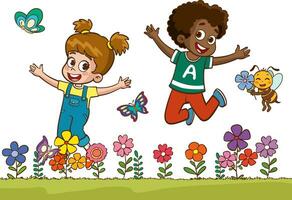 little kids playing with his friend in nature and feeling happy.joyful little children jumping and dancing vector