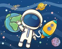 Vector illustration of a cute astronaut in outer space and planets and stars in the background.