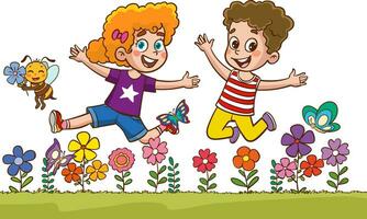 little kids playing with his friend in nature and feeling happy.joyful little children jumping and dancing vector