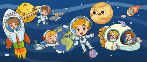 Conquest of space. Space elements. Planet earth, sun and galaxy, spaceship and star, moon and small kids astronaut, vector illustration.