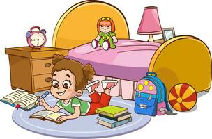 vector illustrations of cartoon cute kids reading a book in his room