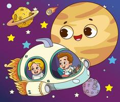 Conquest of space. Space elements. Planet earth, sun and galaxy, spaceship and star, moon and small kids astronaut, vector illustration.