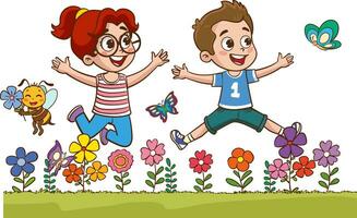 little kids playing with his friend in nature and feeling happy.joyful little children jumping and dancing vector