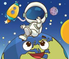 Vector illustration of a cute astronaut in outer space and planets and stars in the background.