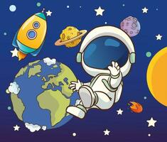 Vector illustration of a cute astronaut in outer space and planets and stars in the background.