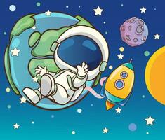 Vector illustration of a cute astronaut in outer space and planets and stars in the background.