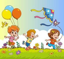 vector illustrations of  happy kids flying a kite on the grass