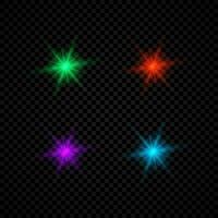 Light effect of lens flares. Set of four green, red, purple and blue glowing lights starburst effects with sparkles on a dark vector