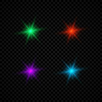 Light effect of lens flares. Set of four green, red, purple and blue glowing lights starburst effects with sparkles on a dark