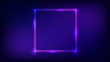 Neon double square frame with shining effects on dark background. Empty glowing techno backdrop. Vector illustration.