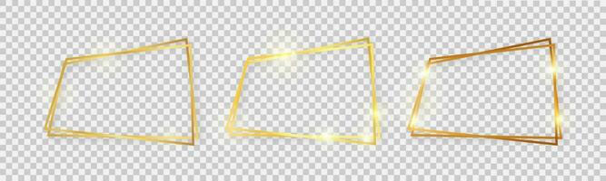 Double shiny frames with glowing effects. Set of three gold double frames with shadows vector