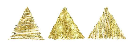 Set of three golden paint hand drawn glittering triangles on a white background. Background with gold sparkles and glitter effect. Empty space for your text. Vector illustration