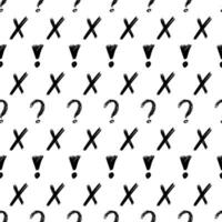 Seamless pattern with hand drawn cross, exclamation and question mark symbols. Black sketch check symbol on white background. Vector illustratio