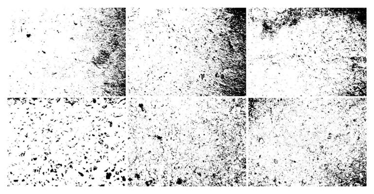 Grunge grainy dirty texture. Set of six abstract urban distress overlay backgrounds. Vector illustration