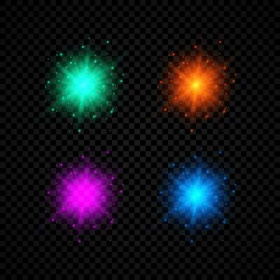 Light effect of lens flares. Set of four green, red, purple and blue glowing lights starburst effects with sparkles on a dark
