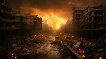 Generative AI, Destruction in the city, burned town street with no life, apocalyptic scene photo