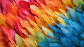 Generative AI, Beautiful rainbow colorful closeup feathers, photorealistic background, top view, aerial view. Small fluffy, inspired by Andreas Gursky and Andy Goldsworthy photo