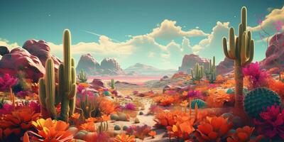 Generative AI, psychedelic and surreal scenery with cactus in the desert. Landscape of the wild west photo