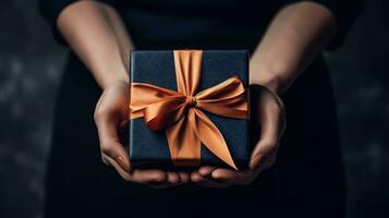 Generative AI, Female hands with natural manicure holding gift box, beige and blue colors background. photo