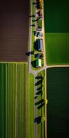 Generative AI, Farm landscape, agricultural fields, beautiful countryside, country road. Nature Illustration, photorealistic top view drone, vertical format photo