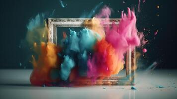 Generative AI, Frame with colorful holi powder paint explosion, creative splash, multicolor cloud photo