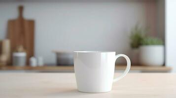 Generative AI, White ceramic cup set-up in at home interior, mug mock up blank. photo