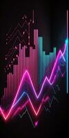 Generative AI, stock market chart lines, financial graph on technology in blue and pink neon colors, financial meltdown. Technology concept, trading market concept. photo