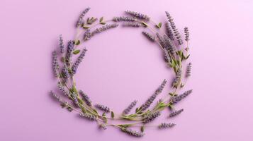 Generative AI, wreath of lavender branches flowers with copy space, natural organic floral frame violet background photo