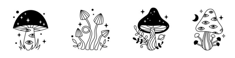 Vector halloween magic set of mushrooms and stars in black color. Mystical line fungi. Outline celestial elements. Fairytale gothic mushroom collection. Witchy esoteric mystic mushrooms with eyes.