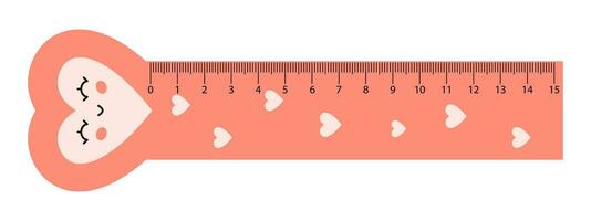 Vector kawaii measuring ruler with smiling heart. Student measuring tool. Cute school ruler with baby heart with face. Centimeter scales. Love design.