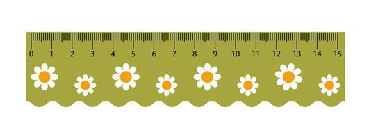 Vector green measuring ruler with chamomile flowers. Student measuring tool. Cute school ruler with wave side. Centimeter scales.