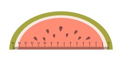 Vector cute measuring ruler. School ruler in the shape of watermelon slice. Fruit measuring tool. Student ruler with kawaii watermelon. Centimeter scales.