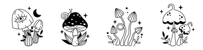 Vector halloween magic set of mushrooms and stars in black color. Mystical line fungi. Outline celestial elements. Fairytale magic mushroom collection. Witchy esoteric mystic mushrooms.