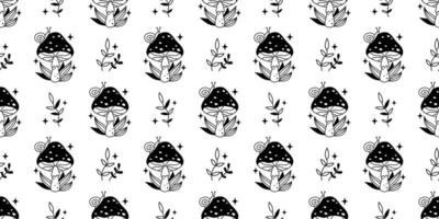 Vector mystic seamless pattern with amanita mushroom with dots in black color. Outline magic mushroom and leaves on white background. Mystical esoteric fungi seamless pattern.