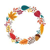 Autumn decorative round frame, template with autumn elements - leaves, twigs, acorn, berries. Vector illustration in Doodle style.