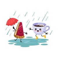 Hello autumn cozy postcard. Autumn time illustration. Happy piece of Pie with umbrella and cup of cocoa in rubber boots jumping through puddles in the rain. Cartoon illustration vector