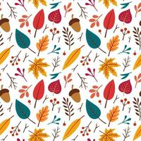 Autumn seamless pattern, fabric, textile, texture. Vector floral illustration. Fall pattern. Autumn elements - acorn, apple, leaves, berries. Flat design, doodle style.