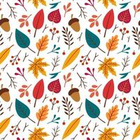 Autumn seamless pattern, fabric, textile, texture. Vector floral illustration. Fall pattern. Autumn elements - acorn, apple, leaves, berries. Flat design, doodle style.