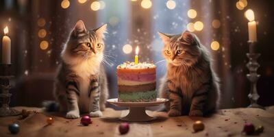 Generative AI, Cat birthday party, cake with a candles photo